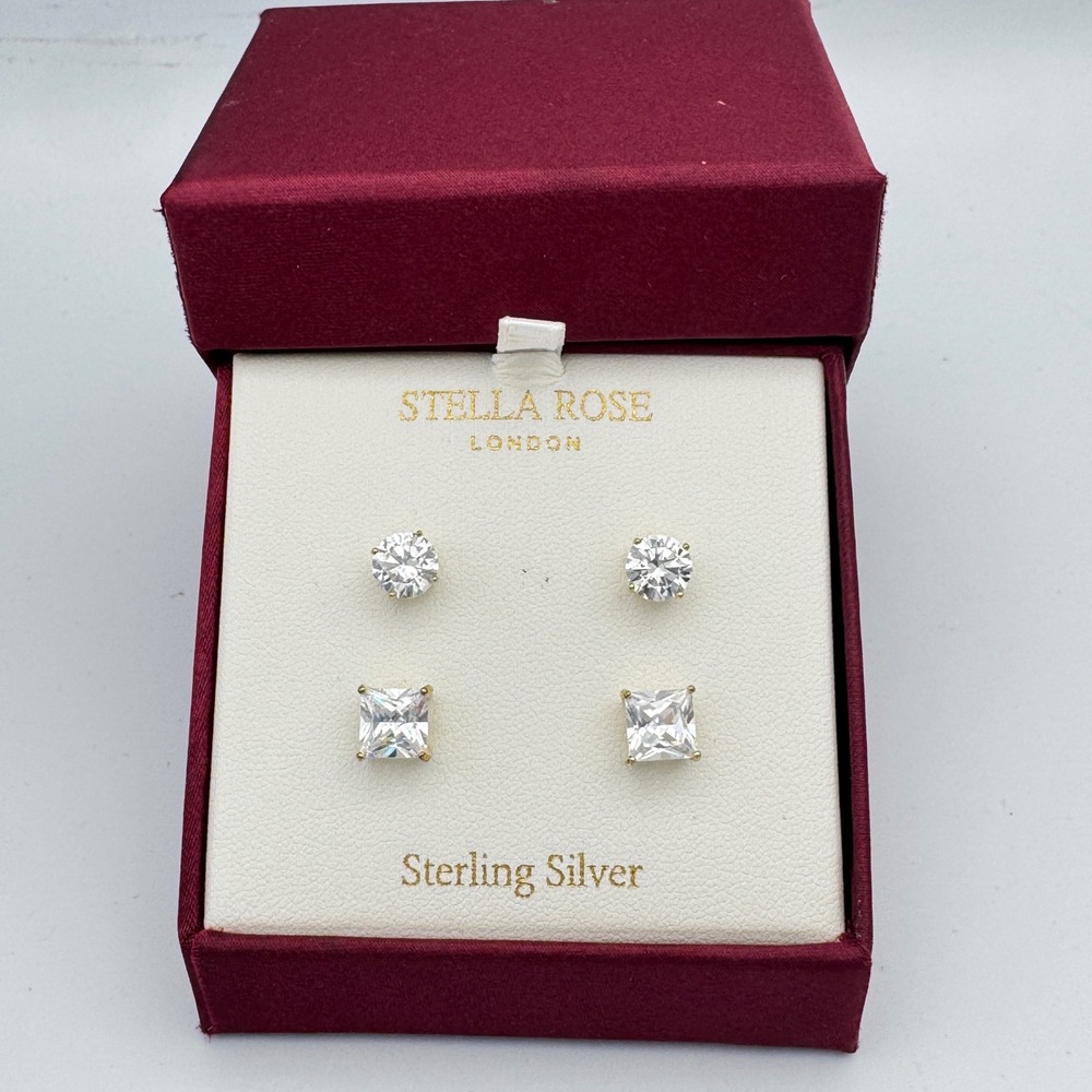Stella Rose Earrings Stud Set Sterling Silver Cubic Zirconia 2 Pairs